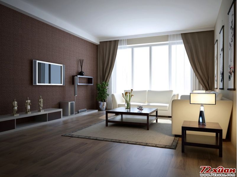 深褐色的电视背景墙搭配简单的电视柜和饰品,给人的感觉简单,随意.