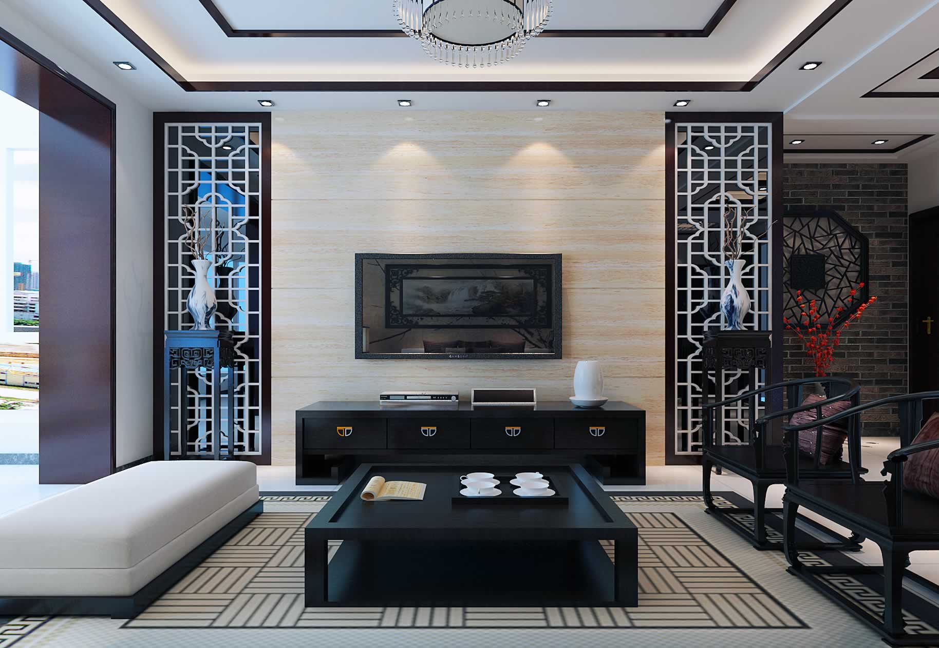 最新中式别墅客厅电视背景墙效果图 – 设计本装修效果图